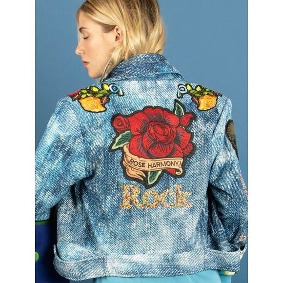 Petit Pois By Vivianna G Women's Applique Embellished Denim Jacket Blue Medium - Picture 3 of 17